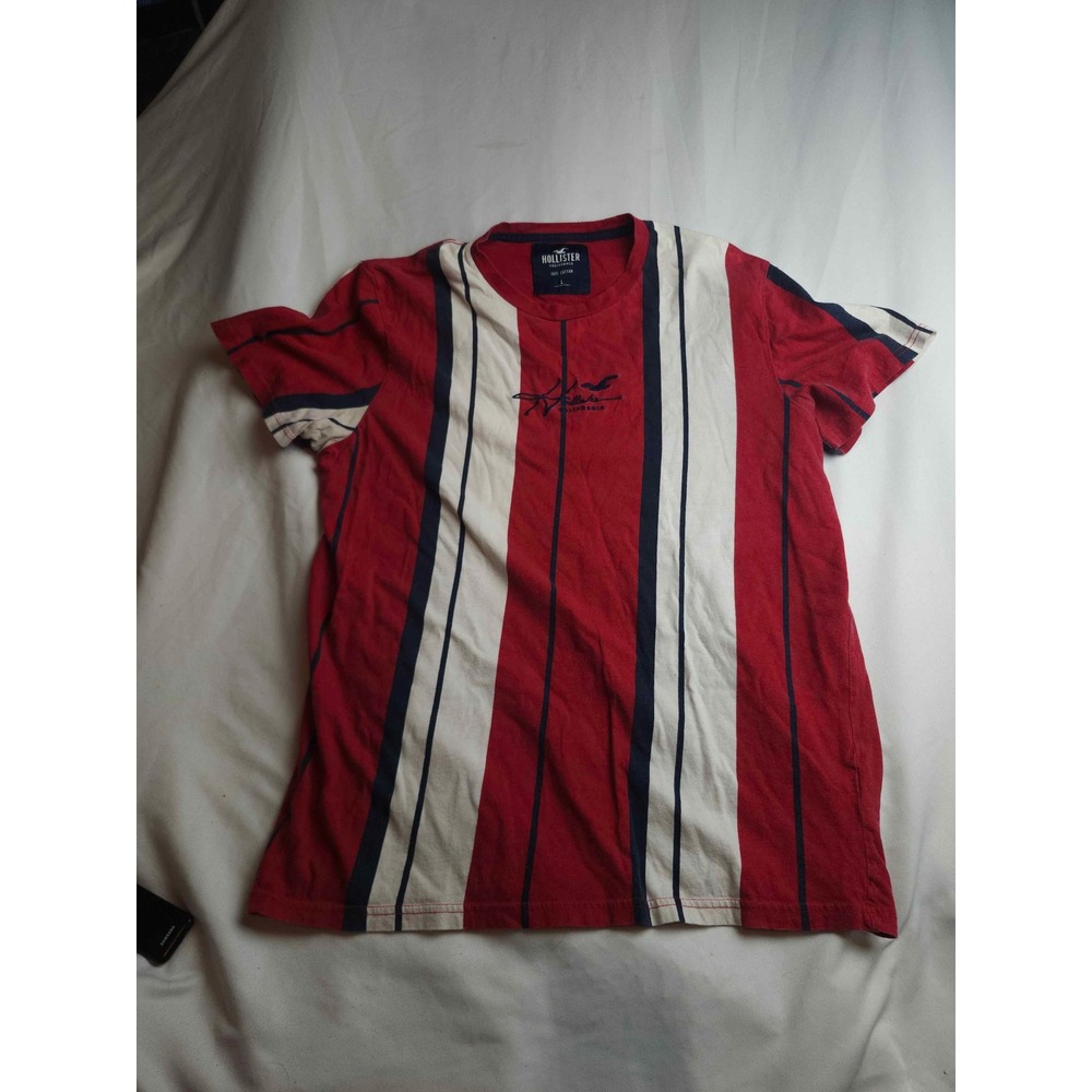 Hollister Mens Large Red White Blue Striped Embroidered Logo Cotton T-Shirt